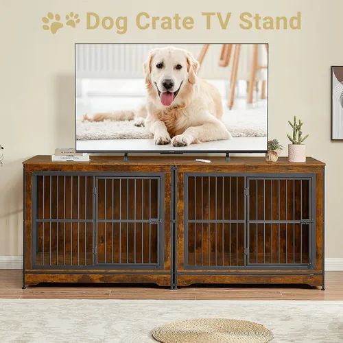 Vista 5 de Rovibek Mueble apilable para perrera de 86 pulgadas con divisor extraíble y 3 puertas, muebles de jaula doble para 2 perros, muebles esquineros