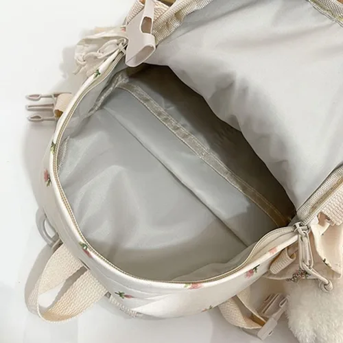 Vista 7 de Mochila estética Kawaii de 10.6 pulgadas con colgante mini mochila escolar linda mochila escolar japonesa mochila de flores, Blanco, Kawaii