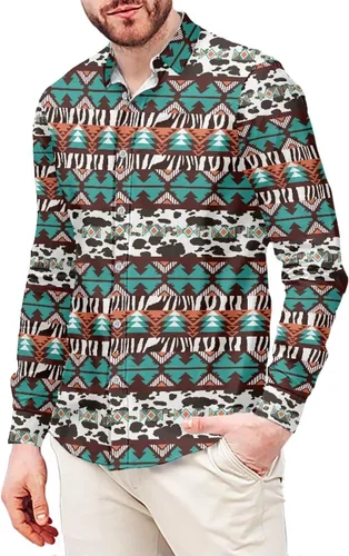 Vista 4 de Camisas aztecas con botones para hombre, vintage, nativo americano, patrón tribal nación, manga larga, camisa de talla grande para hombre