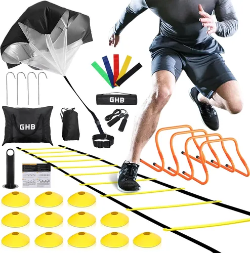 Vista 10 de GHB Agility Ladder,Football Training Equipment Set,4 Agility Hurdles, 20 feet12 Rungs Speed Ladder,12 Disc Cones,Resistance Parachute, Jump Rope, 5