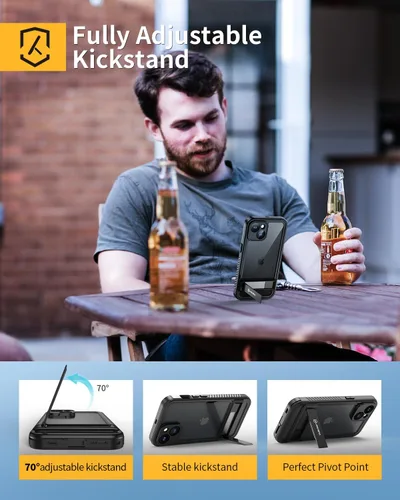 Vista 4 de Lanhiem Funda para iPhone 14 con soporte, IP68 impermeable a prueba de polvo con protector de pantalla integrado, cuerpo completo, a prueba