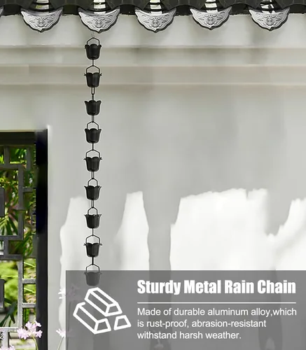 Vista 4 de Rain Chain Black Flower Cups Rain Chain System, 1-4 M Long Rainwater Catcher, Roof Gutters Chain for Yard/Landscape, Rain Chain for Outside