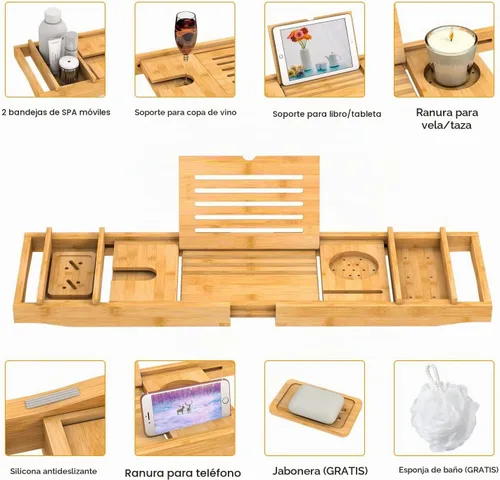 Vista 3 de Bandeja de Bañera de Bambú para Baño de Lujo, Bandeja de Baño Premium Expandible con Soporte para Jabón/Toalla/Libro, Accesorios de Baño Ajustables