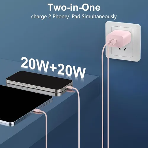 Vista 3 de Cargador de carga rápida para iPhone 17, cargador de pared USB C de doble puerto de 40 W, bloque de carga rápida con cable de carga USB C a C de 6