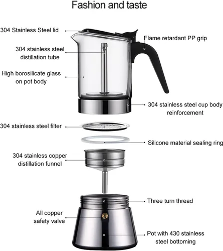 Vista 6 de Cafetera para estufa, cafetera italiana clásica, olla moka de acero inoxidable para 4 tazas, cafetera italiana y cubana, cafetera Greca