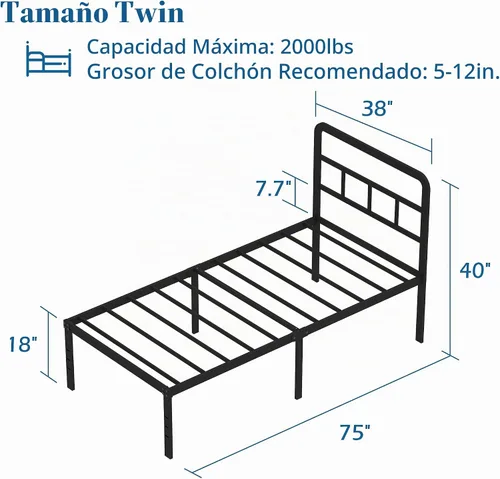 Vista 2 de DiaOutro - Marcos de cama individual con cabecera de 18 pulgadas, plataforma metálica, base de colchón de listones de acero resistente, no requiere