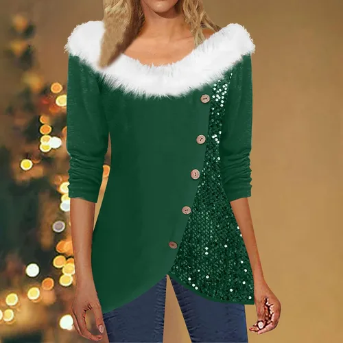 Vista 2 de Christmas Tops for Women 2023 Winter Sequin Splicing Long Sleeve Shirt Print Plush Collar V Neck Blouses