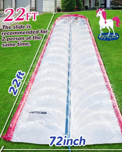Vista 2 de Tobogán acuático y tobogán acuático de 22 pies con 2 tablas inflables, tobogán de agua rosa con aspersor para patio trasero de niños, juguetes
