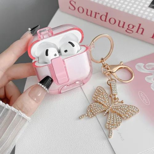 Vista 2 de Bonita funda rosa para Airpods de 4 generación con cerradura y llavero de mariposa brillante para mujeres femeninas, funda rígida transparente única