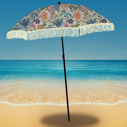 Vista 48 de Sombrilla de playa para arena, resistente al viento, con bolsa de anclaje de arena, portátil, flecos, bolsa de mezclilla, cuenta con parte inferior