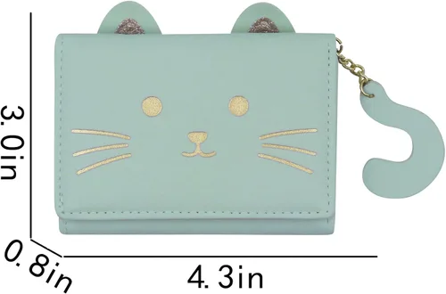 Vista 3 de Eilova Orityle Bonita cartera de gato para niñas y adolescentes, niños y mujeres, delgada de tres pliegues, tarjetero organizador con colgante