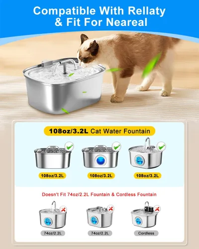 Vista 2 de Repuesto de filtro de fuente de agua para gatos compatible con Rellaty de acero inoxidable de 108 oz/3.2 L, dispensador automático de agua