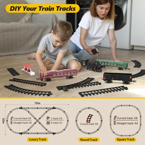 Vista 6 de Juego de tren para niños, tren de locomotora de vapor con coche de carbón, vagón de pasajeros, coche de carga y pistas largas, kits de tren
