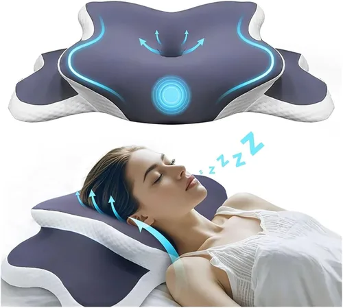 Vista 3 de Almohada de espuma viscoelástica – Almohada cervical para aliviar el dolor de cuello, contorno ortopédico ergonómico para el cuello para dormir Azul