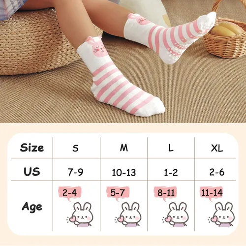 Vista 7 de Hellomamma Calcetines de algodón antideslizantes para niños pequeños, calcetines de tripulación de animales lindos con agarres, calcetines