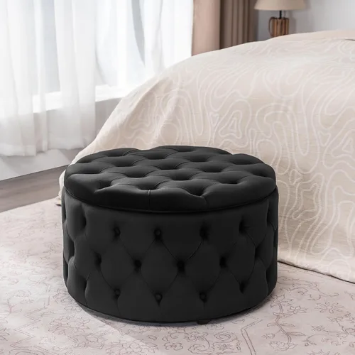 Vista 5 de Homebeez Otomana de Almacenamiento Redonda de Terciopelo de 28 Pulgadas, Taburete Reposapiés con Capitoné de Botones Mesa de Centro para Sala