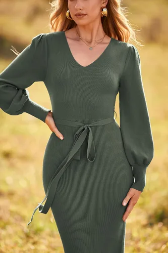 Vista 9 de PRETTYGARDEN Womens 2024 Fall Knit Pullover Lantern Sleeve V Neck Maxi Dress