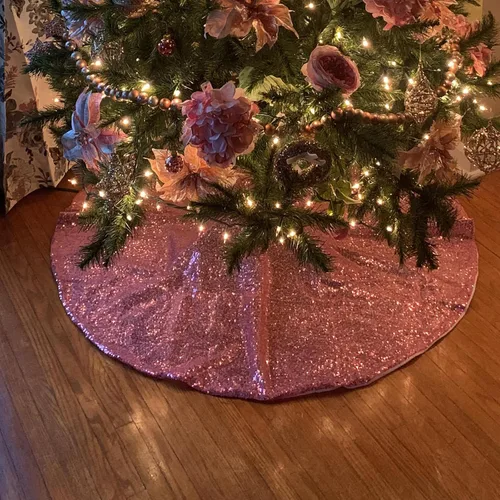 Vista 9 de yuboo Falda de árbol de Navidad rosa, 30 pulgadas, con lentejuelas pequeñas con purpurina rosa, adornos de árbol de San Valentín para lápiz, árbol