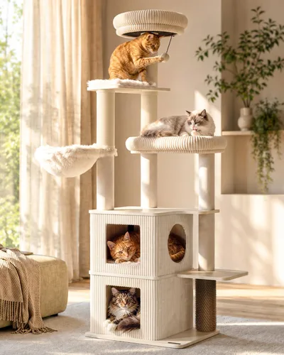 Vista 10 de Árbol de gato resistente de 63 pulgadas para gatos de interior, torre resistente para gatos grandes con poste rascador, percha superior de felpa