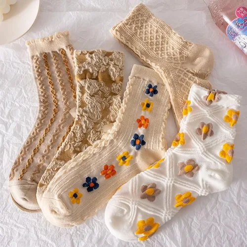 Vista 10 de Juego de 6 pares de calcetines de algodón transpirables de punto floral para mujeres y niñas