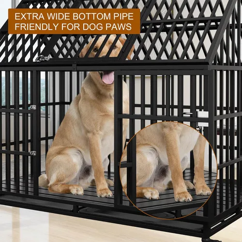 Vista 5 de Jaula para perros resistente de 43 pulgadas, perrera de metal para perros grandes, jaula grande para perros con 2 puertas, 4 ruedas con cerradura
