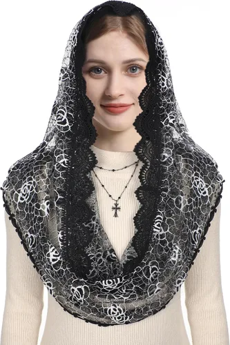 Vista 2 de Mantveil Velos de Iglesia Católica para Mujeres Vintage Negro Blanco Rosa Floral Encaje Mantilla Capilla Velo Latino Mass Head Coverings