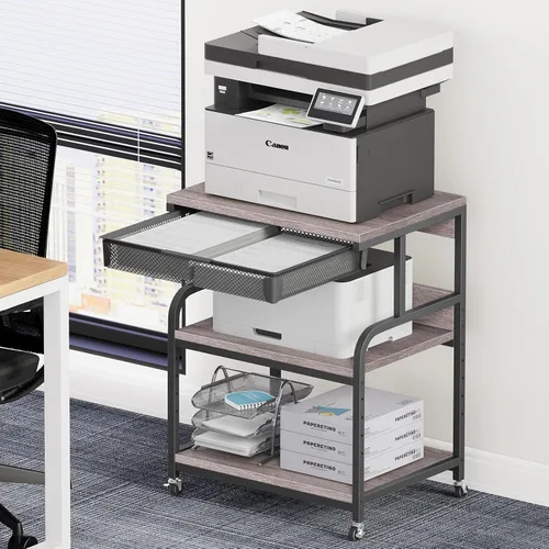 Vista 13 de EasyCom Soporte de impresora grande con cajón de almacenamiento, 5 estantes ajustables y carrito rodante de 3 niveles con ruedas industriales