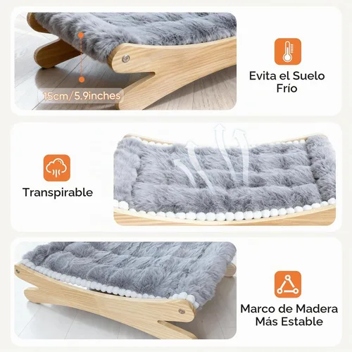 Vista 6 de Cama elevada de felpa para gatos, acogedora hamaca elevada para gatos con marco de madera maciza, cojín suave y peludo para gatos