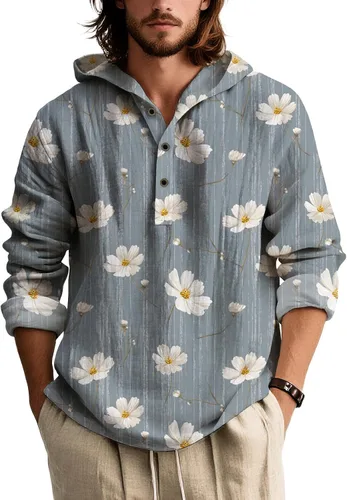 Vista 14 de Sudadera con capucha con estampado bohemio para hombre, de otoño, a la moda, con un cuarto de botón, manga larga, holgada, con capucha, de gran