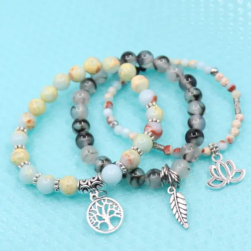 Vista 3 de UEUC - Pulseras Reiki, apilables, de piedras curativas, cristales, con dije del árbol de la vida, yoga y hoja de loto, contra la ansiedad