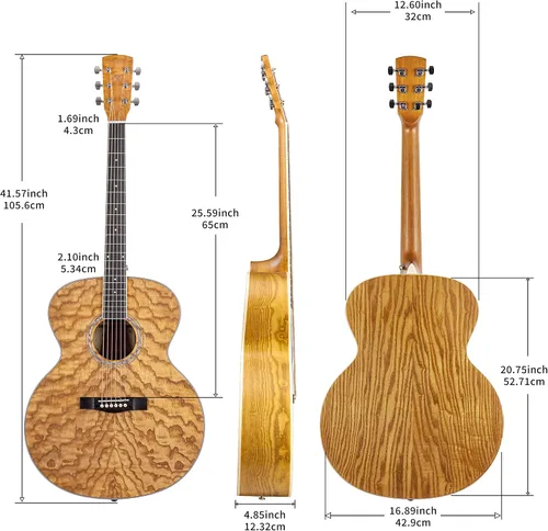 Vista 2 de TARIO 41 '' Antiguo Cuerpo Jumbo Guitarra Acústica Cuerpo Fresno Rizado Cuerpo Okoume Cuello Natural