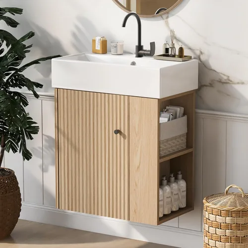 Vista 11 de Harper & Bright Designs Tocador de baño de 21.6" con lavabo, conjunto de tocador independiente de lavabo individual con gabinete de almacenamiento