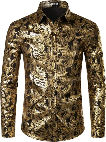 Vista 15 de ZEROYAA Men's Luxury Paisley Floral Printed Button Down Shirt Zhcl36-negro oro