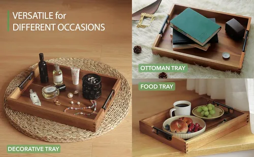 Vista 5 de Joy&Grace Bandeja otomana para sala de estar, bandeja grande de madera de acacia con asas para mesa de café, desayuno en la cama, cena de comida