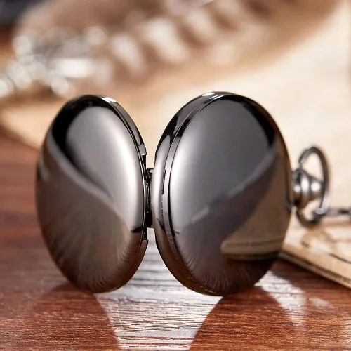 Vista 6 de Reloj de bolsillo negro liso para hombre, esfera digital árabe de cuarzo con cadena, reloj de bolsillo para hombre, Gris, Moda