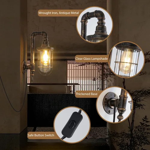 Vista 3 de Aplique de pared industrial E26 Edison antiguo con interruptor de encendido y apagado de cable de 5.9 pies, apliques de pared rústicos para Paquete