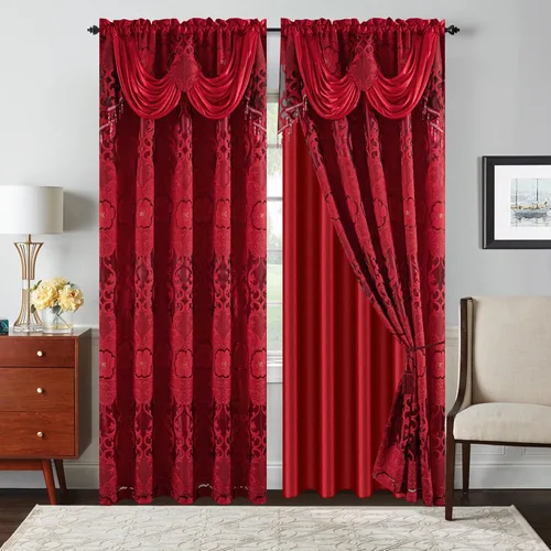 Vista 32 de Petrichor Cortinas de gasa jacquard transparente borgoña (54 pulgadas de ancho x 63 pulgadas de largo), 2 paneles con cenefa adjunta, diseño floral