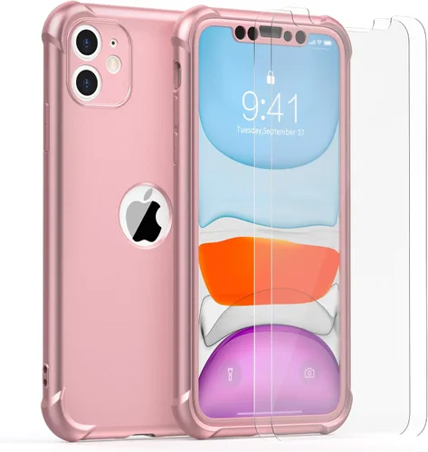 Vista 2 de ORETECH - Funda 3 en 1 para iPhone 11 con 2 protectores de pantalla, color oro rosa Full Body Shockproof Design Smooth Texture,15FT Military