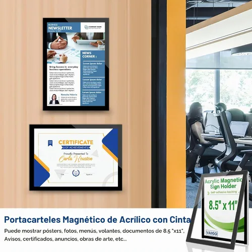 Vista 2 de Soporte para Letrero de Pared de 8.5" x 11" de Acrílico, Marco de Exhibición Magnético Autoadhesivo con Cinta Nano y Borde Magnético Fuerte