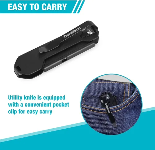 Vista 5 de DURATECH Paquete de 2 Cuchillos Utilitarios Plegables, Mini Cortador de Cajas con Bloqueo de Eje de Seguridad, Clip para Cinturón, Mecanismo
