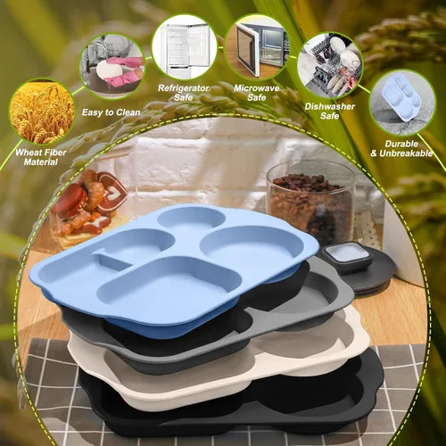 Vista 4 de Vesici 8 piezas de platos grandes de 12 pulgadas irrompibles divididos para niños y adultos - Bandeja de paja de trigo - Aptos para microondas