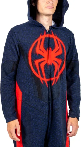 Vista 3 de Spider-Man Miles Morales - Traje de unión con capucha para hombre con dobladillo de pierna, Negro