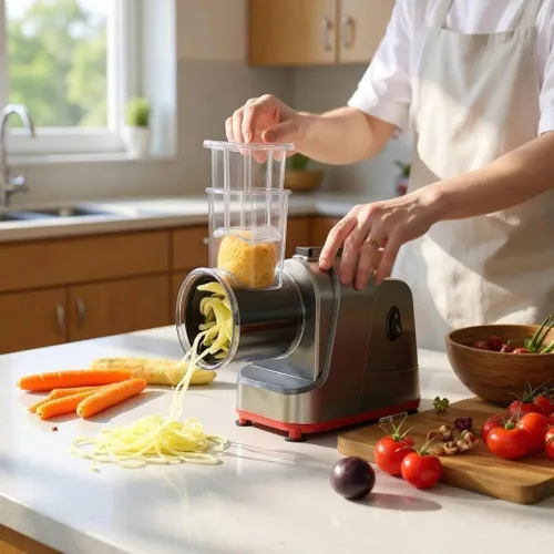 Vista 4 de Rallador eléctrico de queso 5 en 1 - Cortadora y trituradora eléctrica multifunción para queso, verduras, nueces y más - Potente motor de 150 W