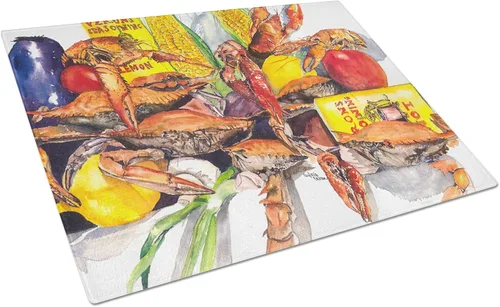 Vista 11 de Caroline's Treasures 1002LCB Barq's, Crabs and Spices Tabla de cortar de vidrio grande decorativa de vidrio templado Tabla de cortar y servir