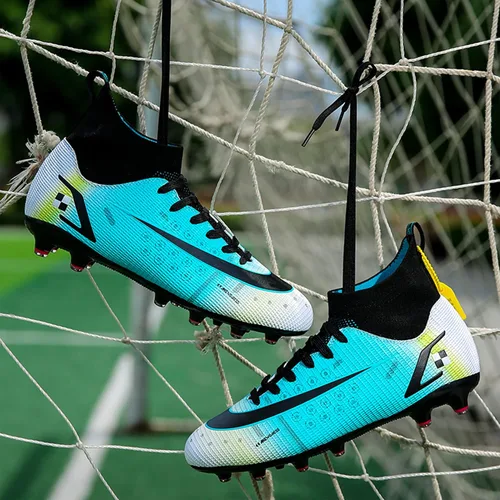Vista 6 de Zapatos de fútbol para hombre, zapatos de fútbol de caña alta, con cordones, antideslizantes, para deportes al aire libre, atléticos, béisbol