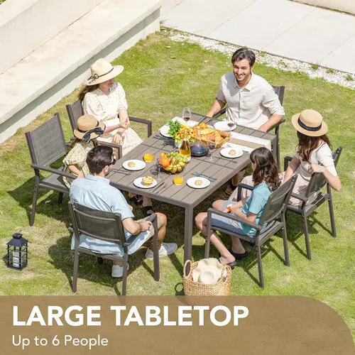 Vista 8 de Devoko Juego de comedor para patio, 7 piezas, muebles de exterior con mesa rectangular y 6 sillas apilables, juego de conversación familiar para Gris