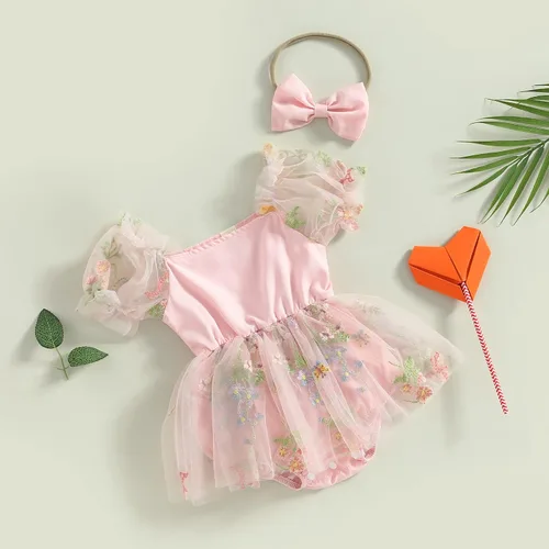 Vista 24 de Mameluco para bebés y niñas de 3, 6, 9, 12, 18 meses, enterizo de manga corta, fruncido, faldas y dobladillo, diadema