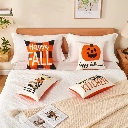Vista 6 de Alysheer Funda de almohada decorativa de otoño con bordado de Halloween, 12 x 20 pulgadas, funda de cojín de lona de algodón bordada naranja