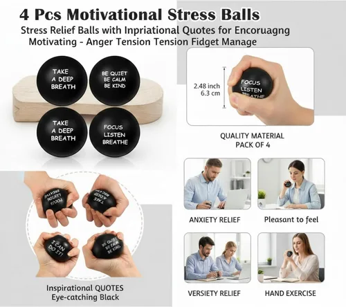Vista 2 de Ceenna 4 bolas motivacionales para el estrés para adultos, bolas de alivio del estrés de 2.5 pulgadas con citas inspiradoras para fomentar la Negro