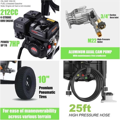 Vista 4 de Lavadora a presión de gas de 4200 PSI, 4.0 Max GPM 212CC 7HP, lavadora de gas comercial, pistola de pulverización y varilla, juego de 5 boquillas